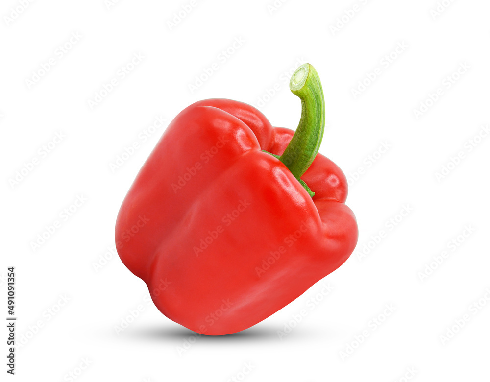 Whole red bell pepper isolated on white background.