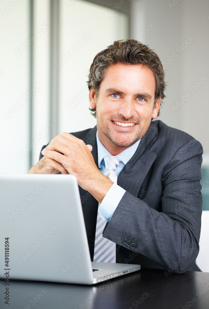 Smiling business man using laptop. Portrait of business man using laptop and giving you a warm smile