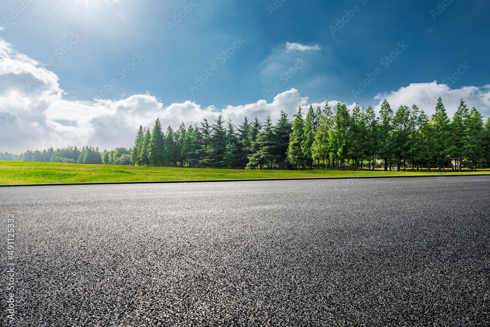 Empty asphalt road and green forest under blue sky. Road and forest background.