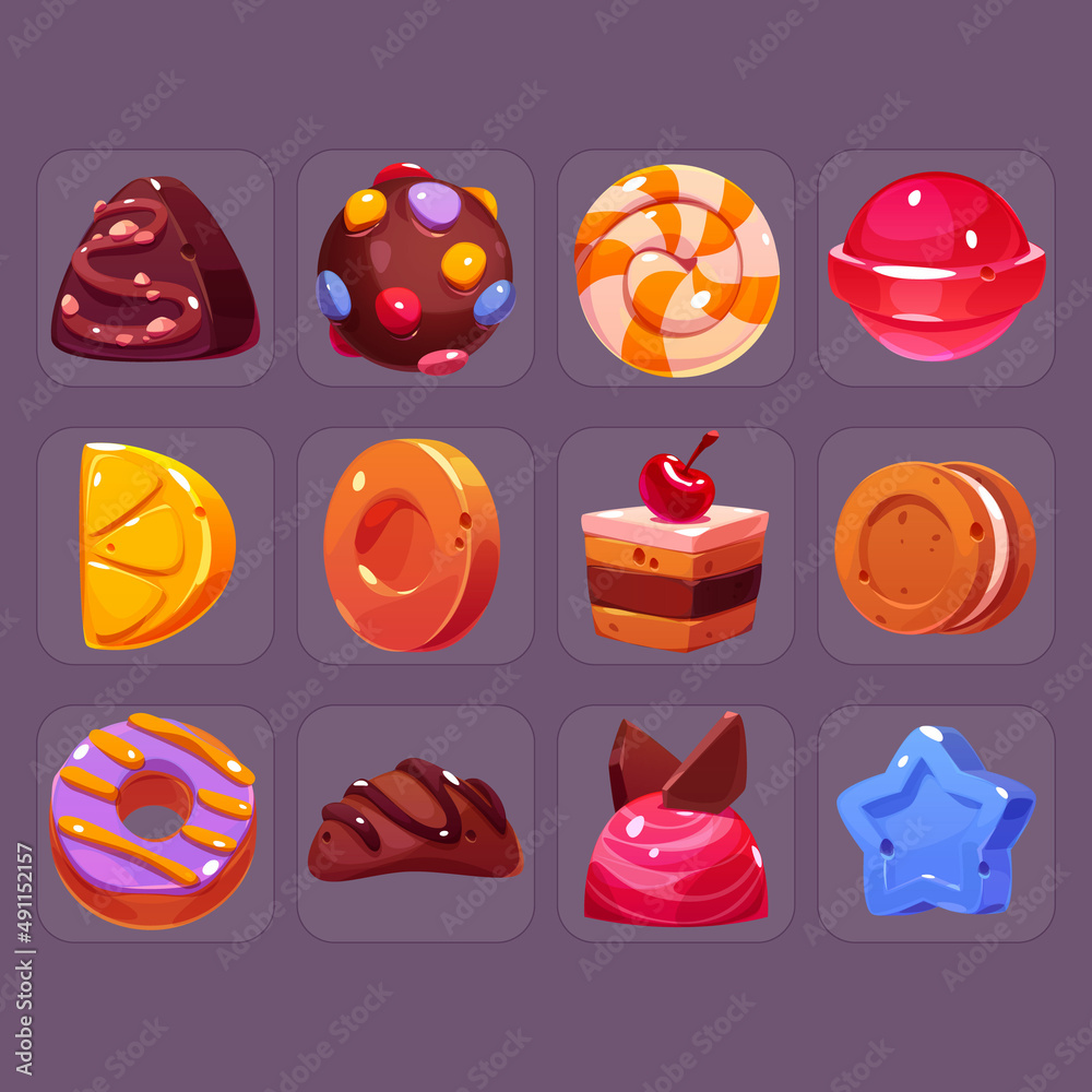 Candy game icons cartoon vector set. Sweets praline, striped round caramel, lollipop, toffee, cake p