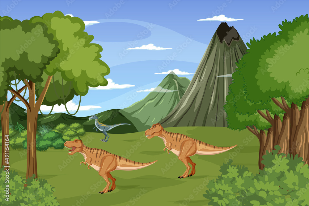 Scene with dinosaurs in forest