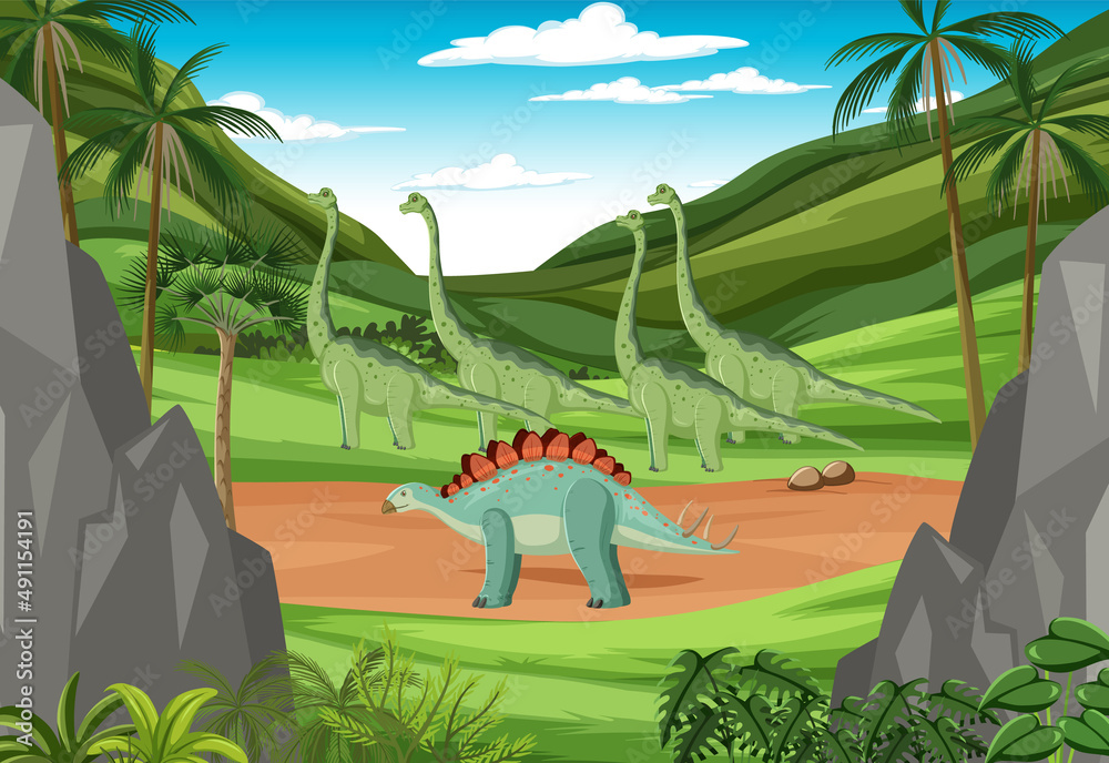 Scene with dinosaurs in the forest