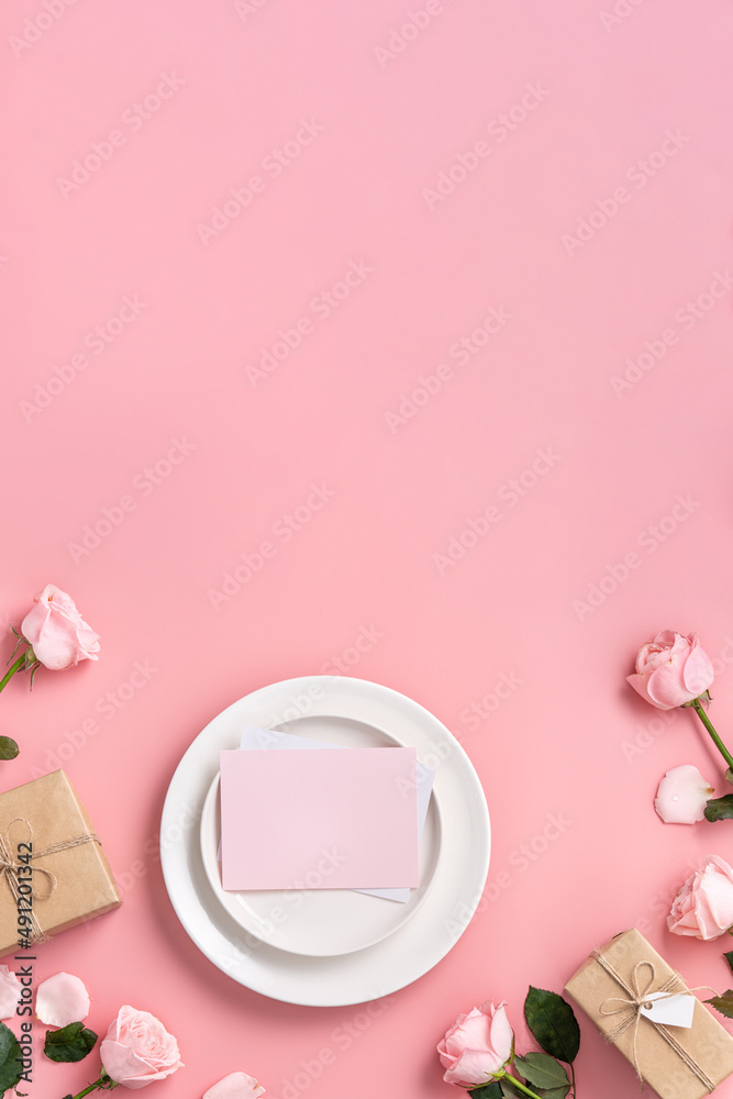 Mothers Day sending gift and meal design concept background with pink rose flower on pink backgroun