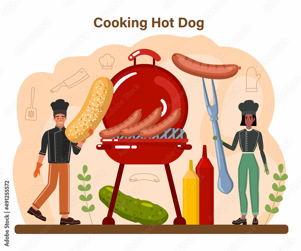 Hot dog. Unhealthy fast food cooking, american snack with ketchup,