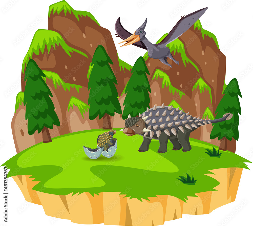 Scene with ankylosaurus and pterosaur