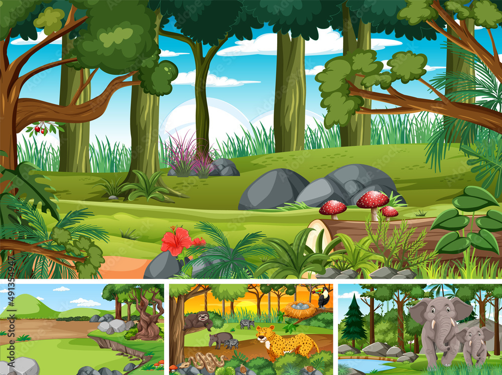 Four forest scenes with wild animals