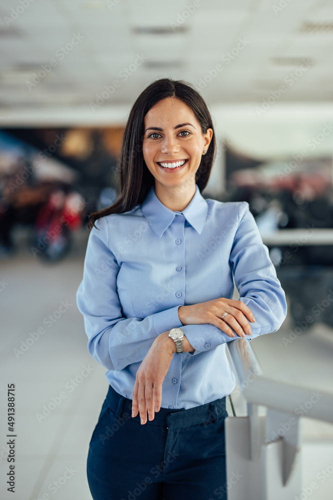 Portrait of a smiling brunette businesswoman, dressed elegantly,