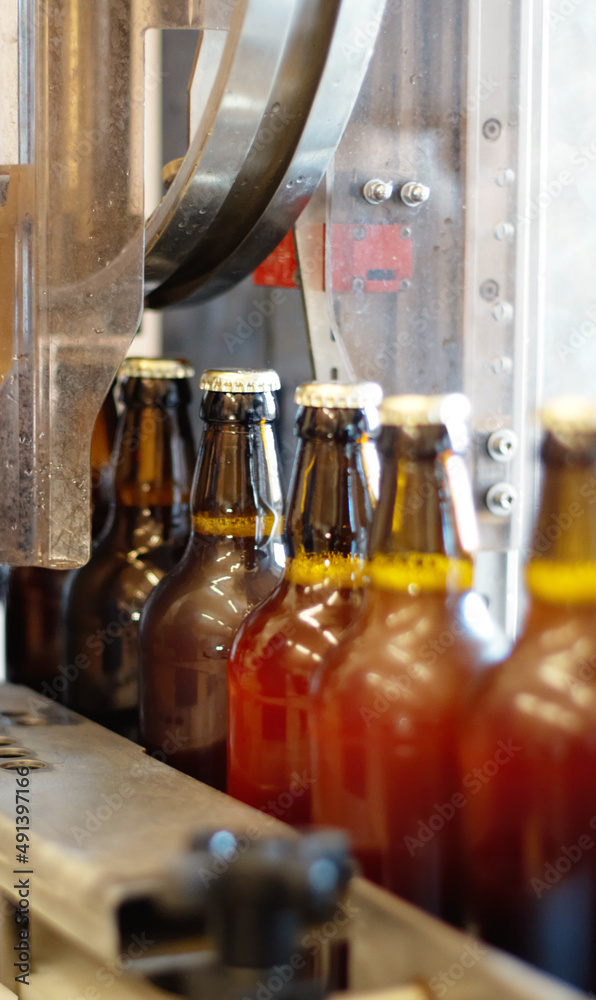 A delicious new brew. Shot of beer bottles on a production line at a brewery.