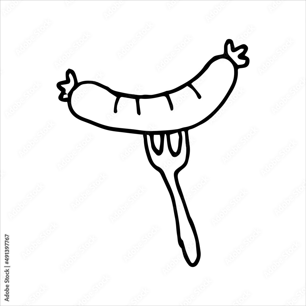 vector drawing in blowing style. grilled sausage on a fork. fried sausage. simple line drawing.