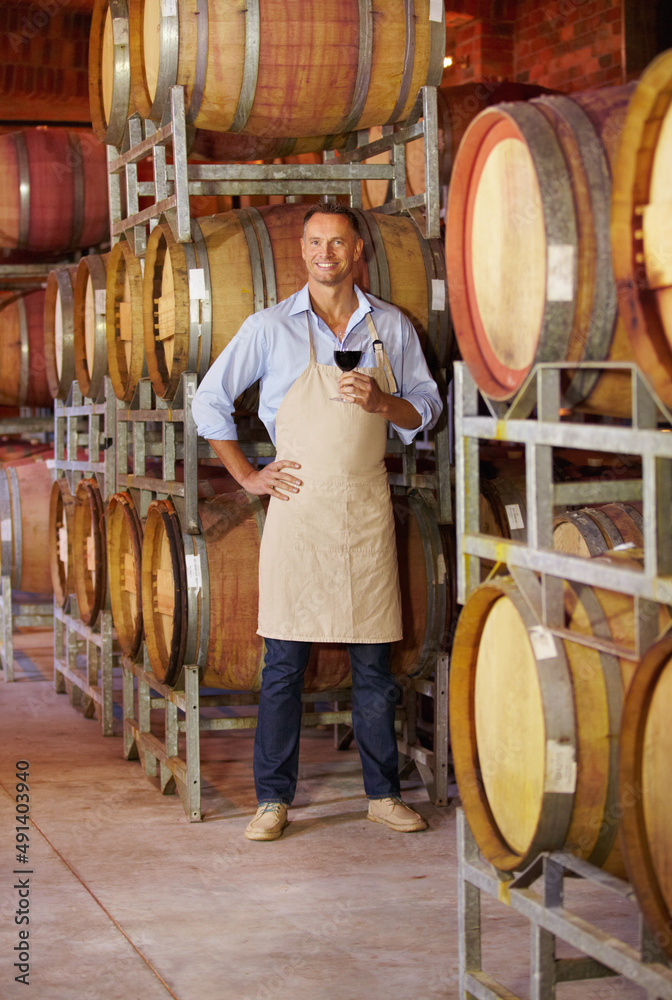 Almost ready for the bottling stage. Portrait of a mature wine maker tasting a glass of red wine whi