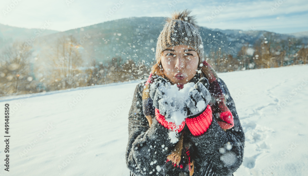 Snowy winter free time beautiful happy woman