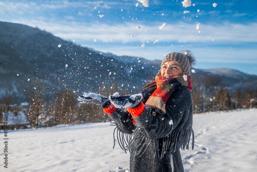 Snowy winter free time beautiful happy woman