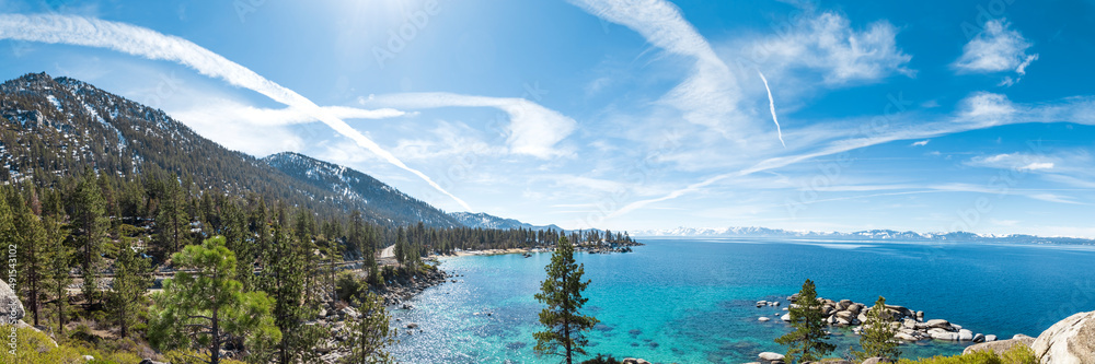 Panorama of Lake Tahoe east shore with view on Sand Harbor, sunny day in spring