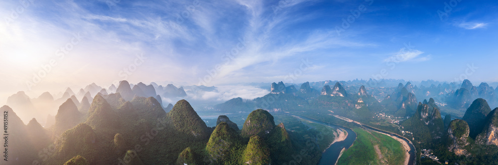 Aerial view of beautiful mountain and water natural scenery in Guilin, China. Guilin is a world famo