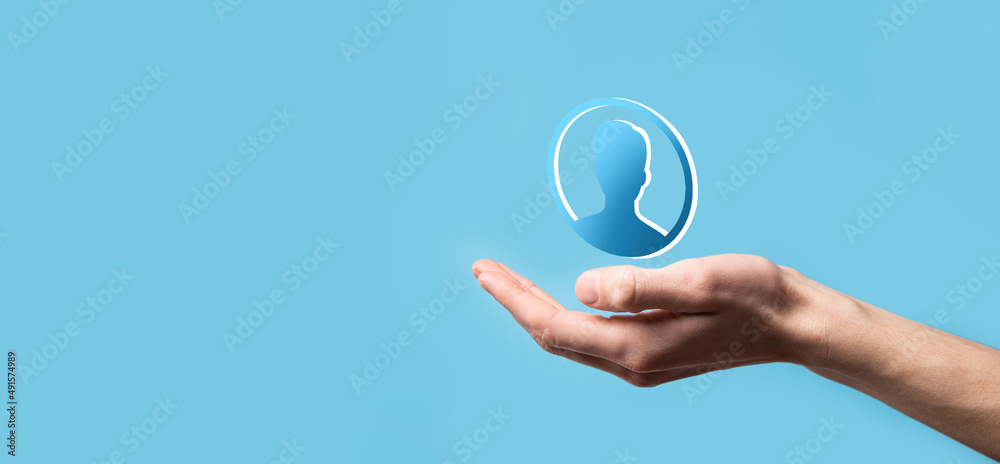 Businessman holding on hand icon of user man,woman 3D style. Internet icons interface foreground. gl