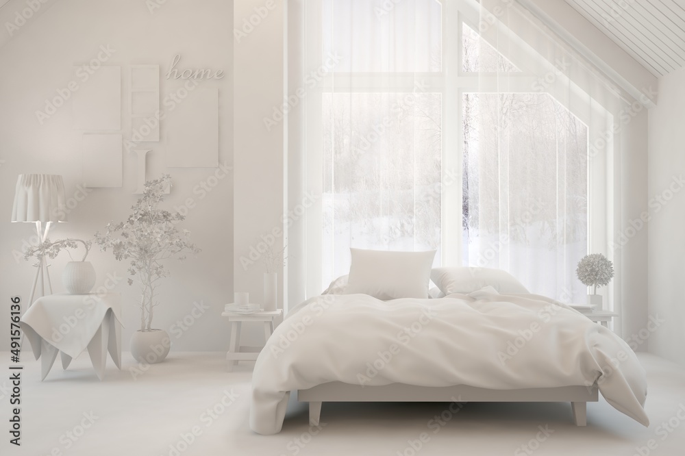 Modern bedroom in white color. Scandinavian interior design. 3D illustration