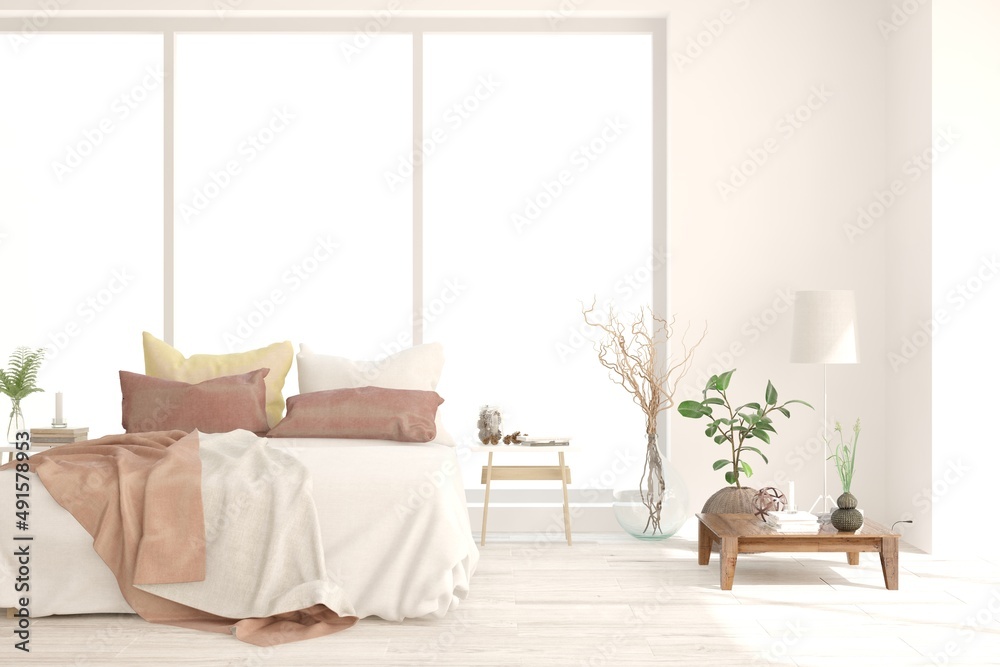 Soft color bedroom interior. Scandinavian design. 3D illustration