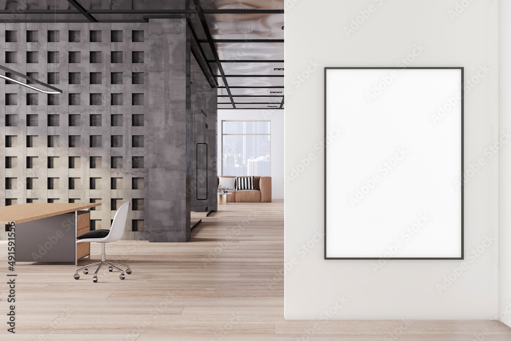 Modern conference room interior with empty white mock up poster, furniture and window with city view