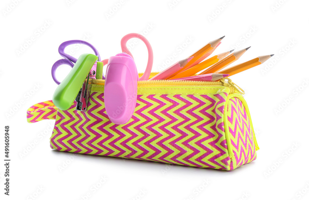 Pencil case with different stationery on white background