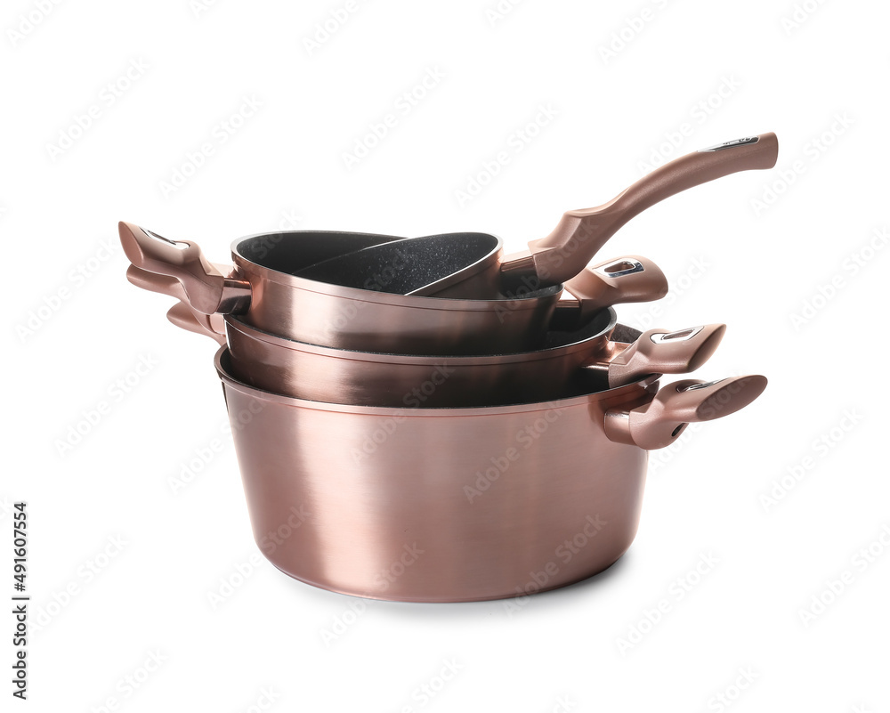 Set of new cooking pots on white background