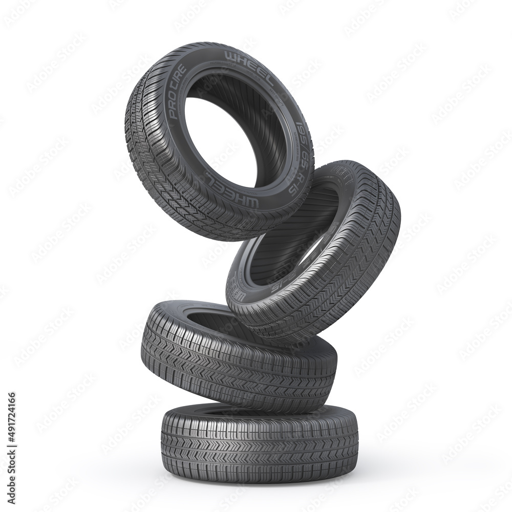 Stack of car tires without brand on a white background. 3d illustration