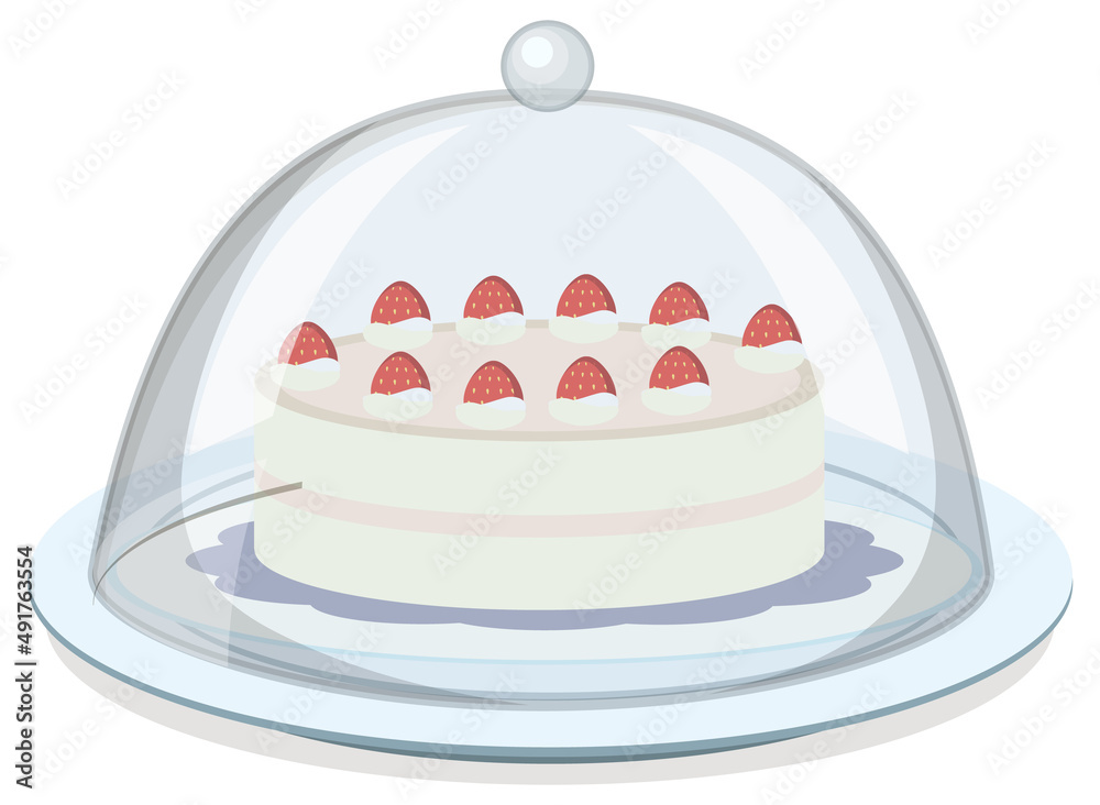 An isolated strawberry cake with glass cover on white background