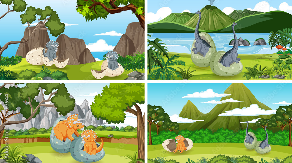 Scenes with dinosaurs hatching