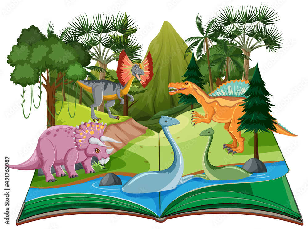 Scene with dinosaurs in the book