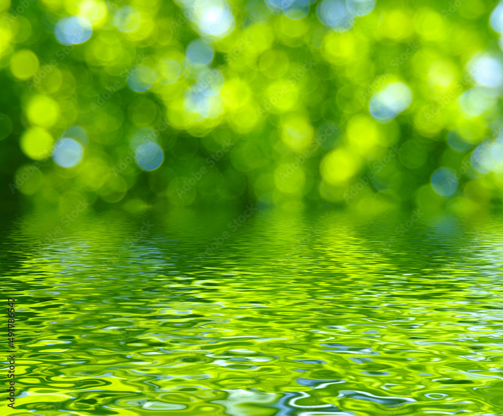 Green blur spring background with water