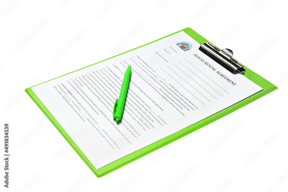 Clipboard with house rental agreement and pen on white background