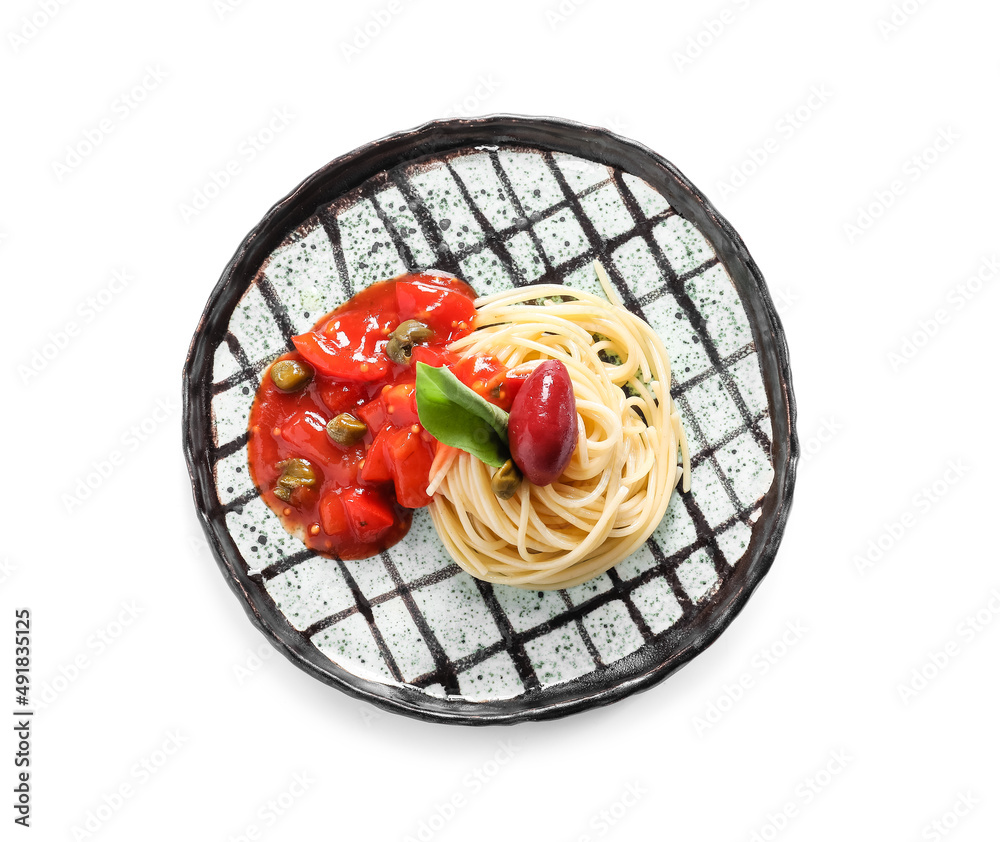 Tasty Pasta Puttanesca in plate on white background