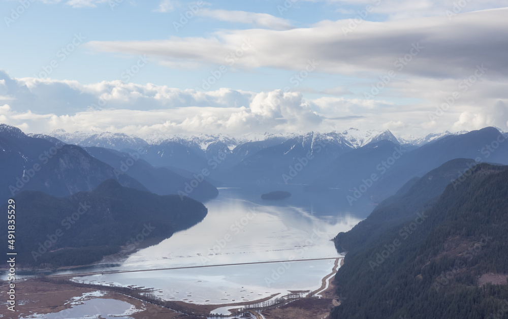 Aerial View of Pitt Lake with Canadian Mountain Landscape. Sunny Cloudy Sky Art Render. Pitt Meadows