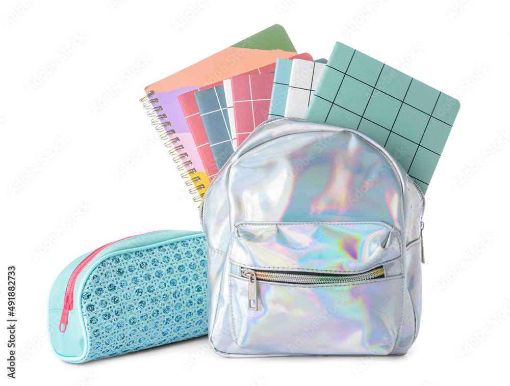 Stylish backpack, pencil case and notebooks on white background