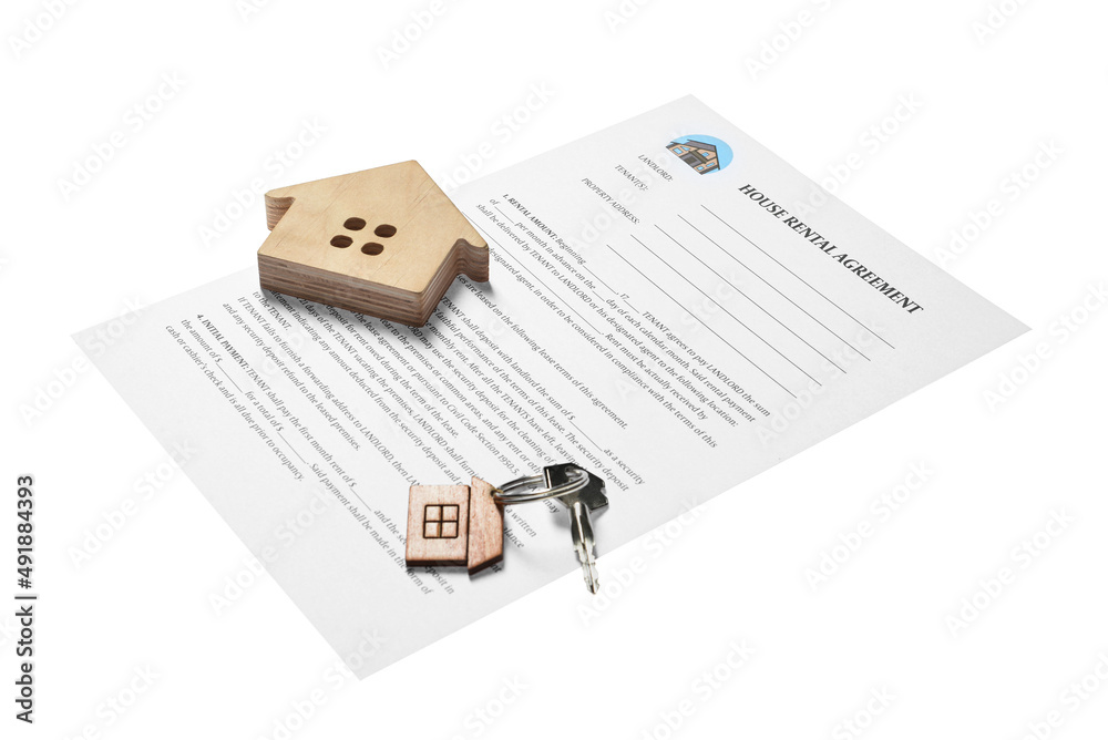 House rental agreement, wooden figure of house and key with keychain on white background