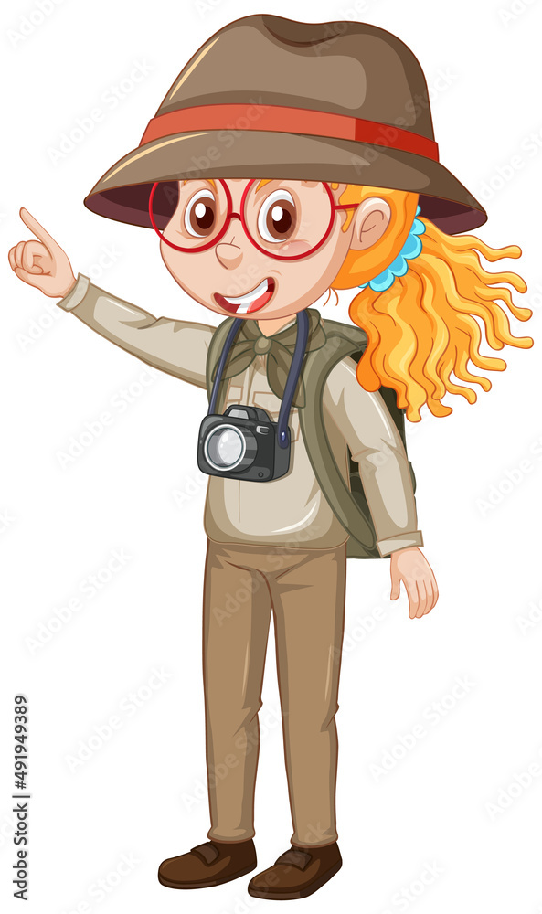 Little girl in camping outfit with camera and backpack