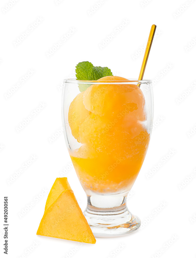 Glass with tasty melon sorbet on white background