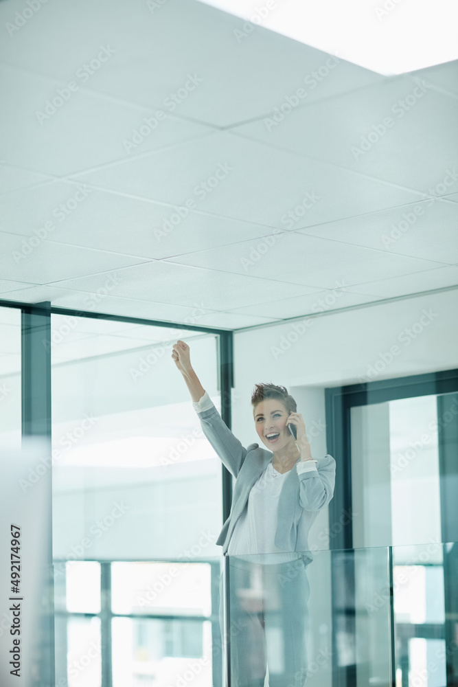 Shes just sealed another deal. Cropped shot of a young businesswoman doing a fist pump while talking