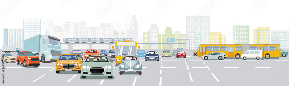 Großstadt mit Straßenverkehr im Verkehrsstau und öffentlichen Verkehrsmitteln, Illustration