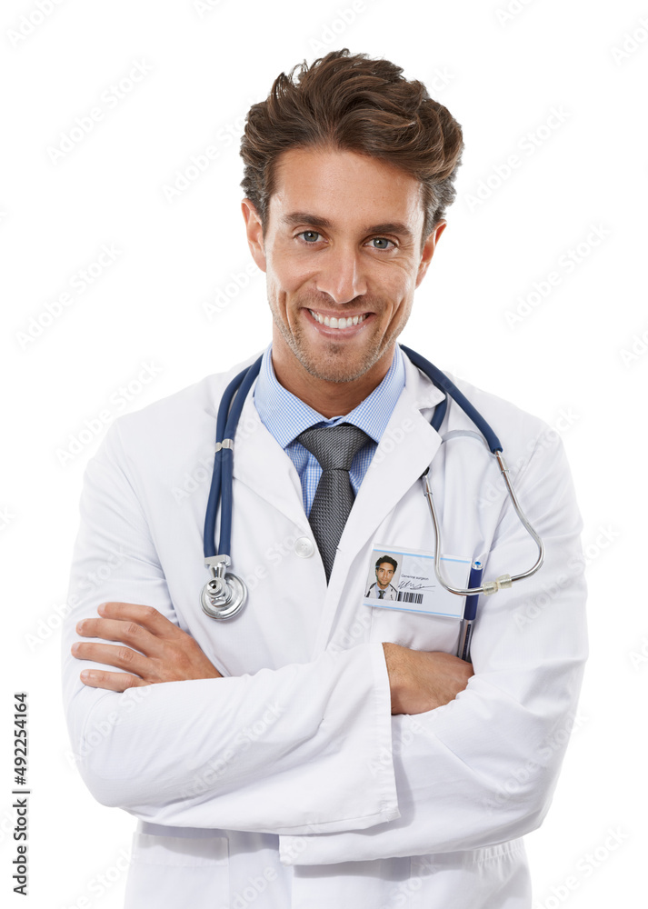 Confident healthcare professional. Studio portrait of a handsome young doctor standing with his arms