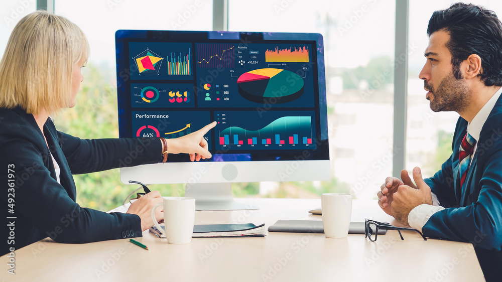 Business data dashboard analysis by ingenious computer software . Investment application display bus