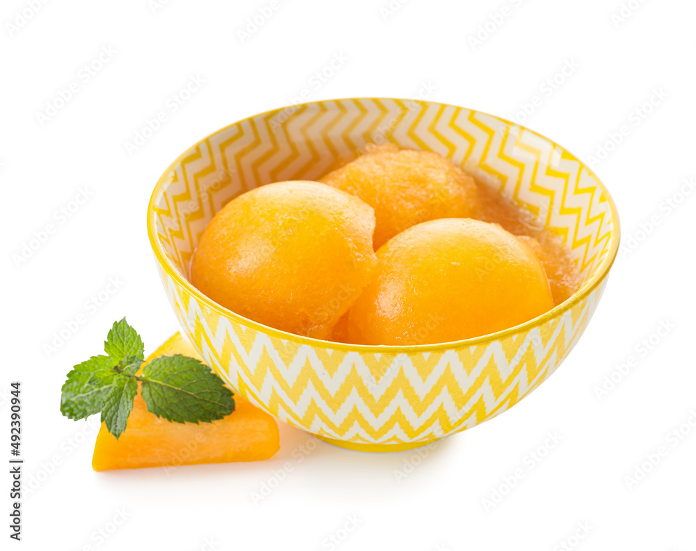 Bowl with tasty melon sorbet on white background