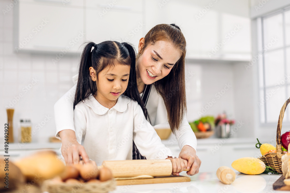 享受幸福爱情的亚洲家庭母亲和蹒跚学步的亚洲女孩女儿的肖像