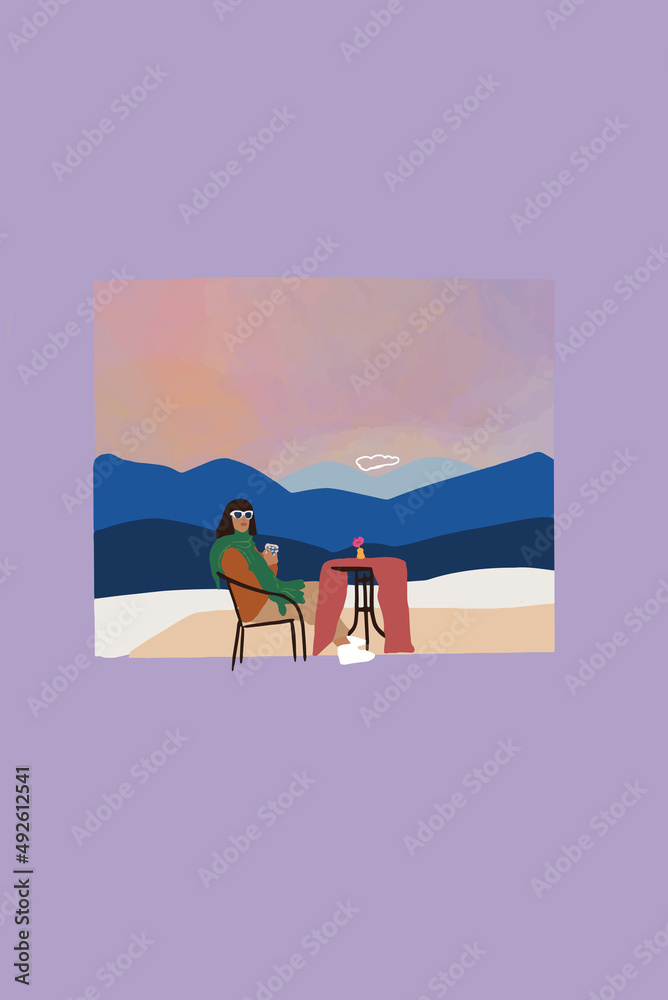 View through the window on the mountain landscape and woman sitting by the table and enjoying nature