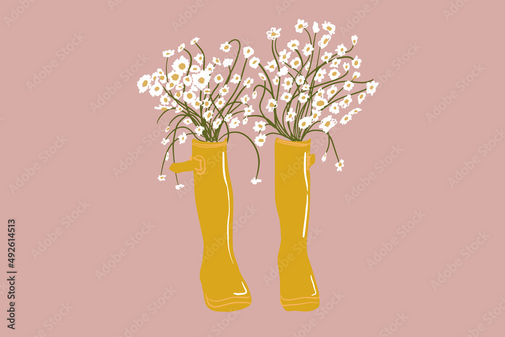 Rubber boots with flowers on background. Vector illustration. Floral and spring time concept