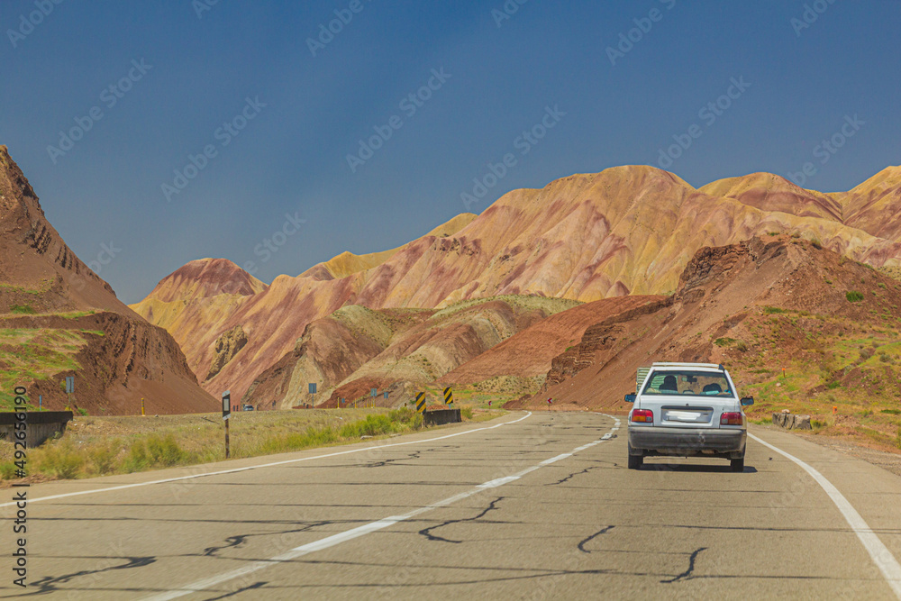 Freeway through colorful rainbow Aladaglar mountains in Eastern Azerbaijan, Iran