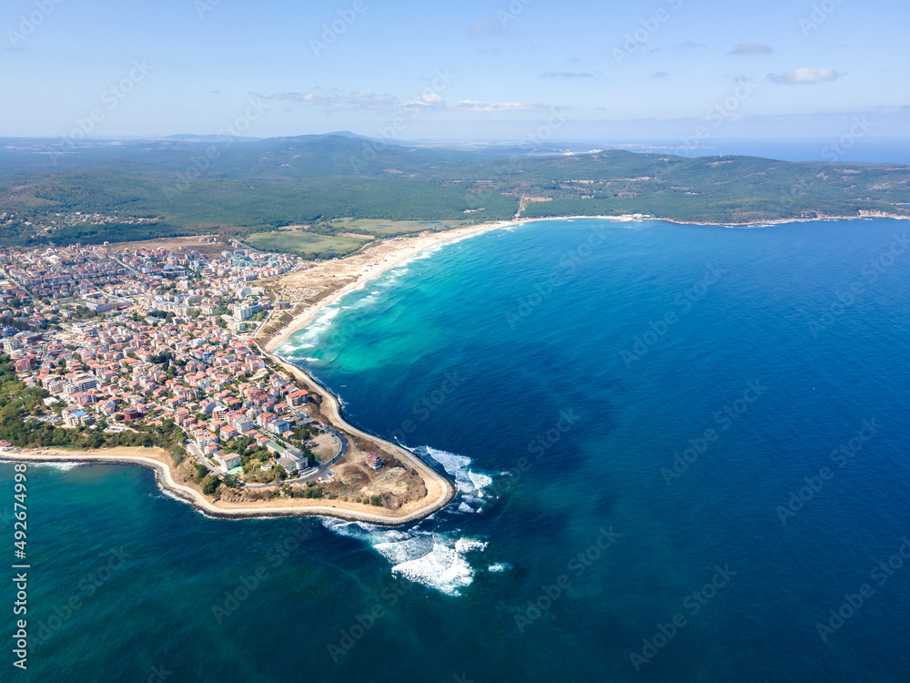 Aerial view of Black Sea coast near town of Primorsko, Bulgaria