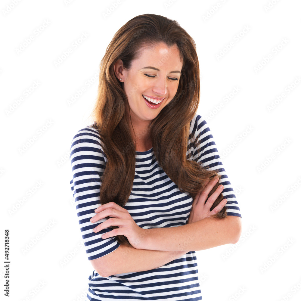 She has a great sense of humor. Studio shot of a young woman laughing isolated on white.