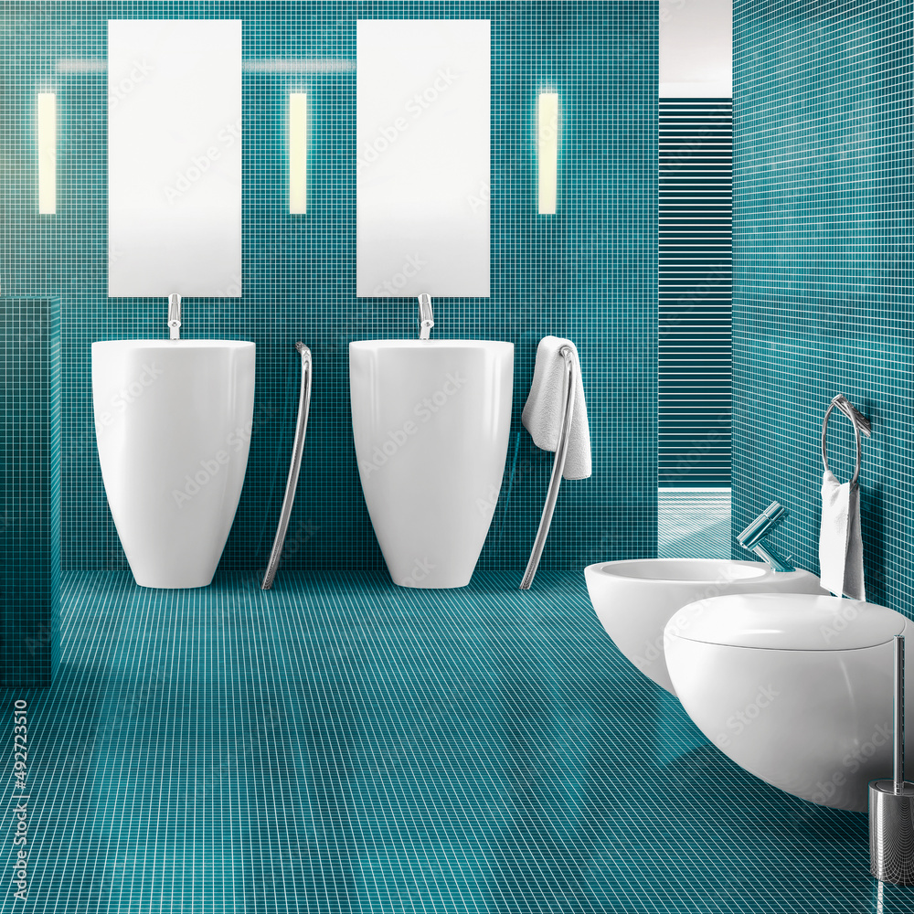 Contemporary Bathroom Arrangement With Two Sinks and Toilet - 3D Visualization