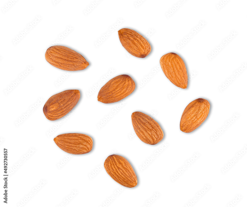 Almond isolated. Almonds on white background. Top view