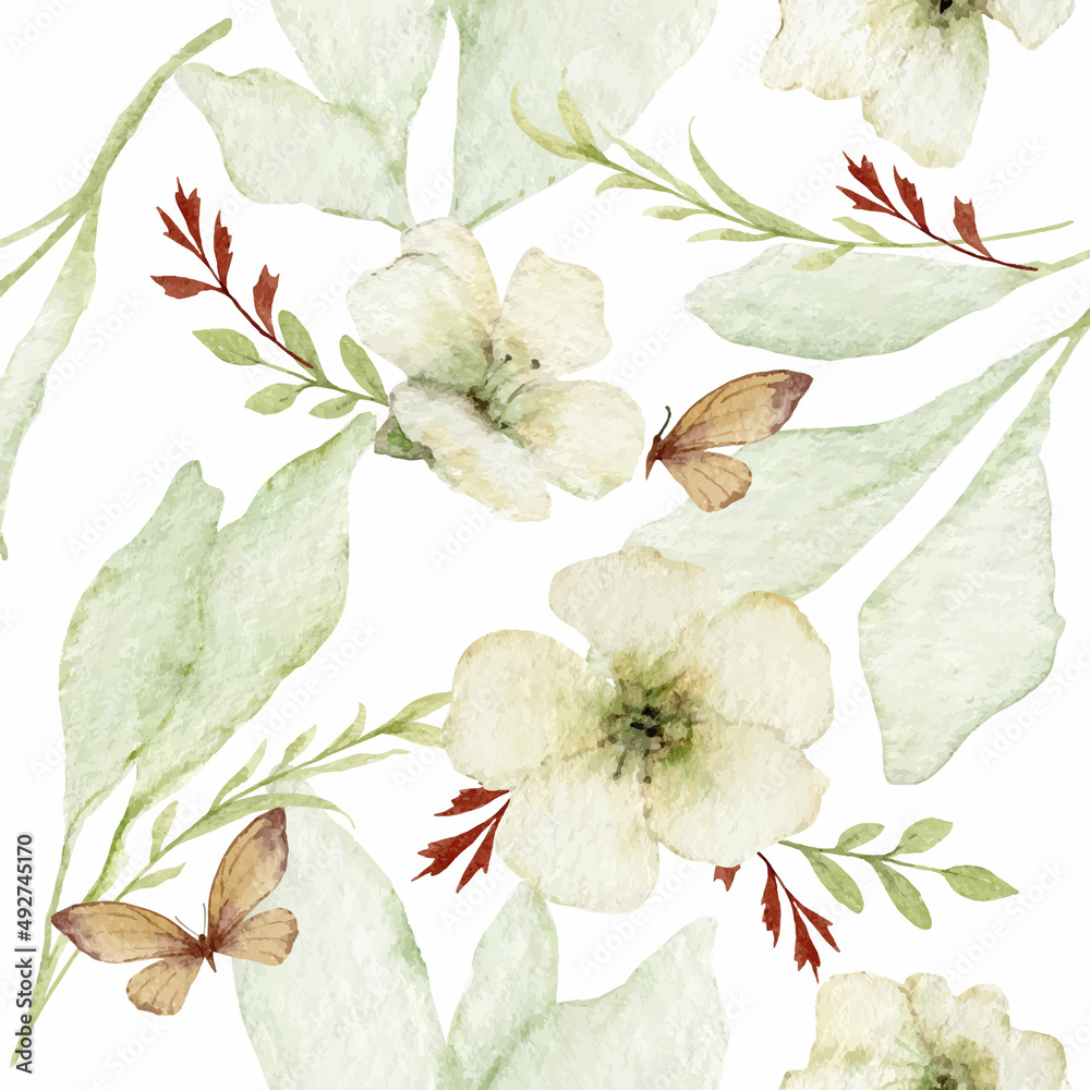 Watercolor vector seamless pattern with green foliage and flowers.